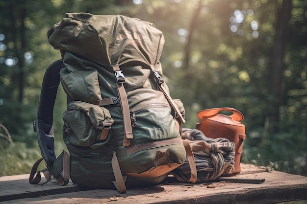 Campingausrüstung im Rucksack, bereit für eine Wanderung oder ein anderes Abenteuer, erstellt mit generativer KI