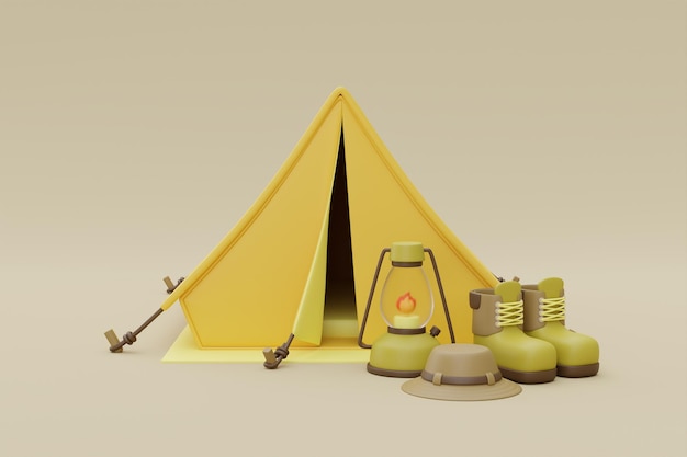 Campingausrüstung mit Wanderschuhlaterne und Wandermütze außerhalb des Zeltes auf dem Campingplatz Urlaub 3D-Rendering