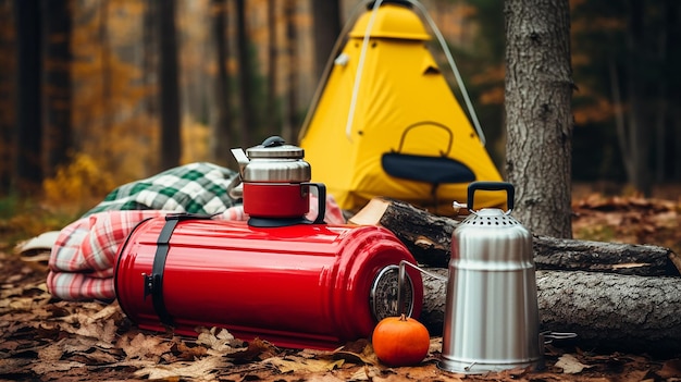 Foto campinggegenstände bei der feuerkette thermos mit wald