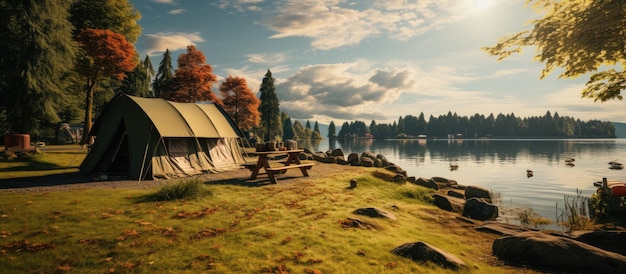 Campingplatz in der Nähe des Sees mit einem Campingzelt im Hintergrund