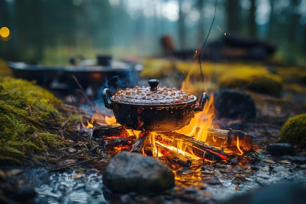 Campingpot auf einem brennenden Feuer im Wald Touristen aktive Erholung Wanderung generiert von AI Lifestyle