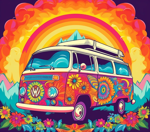 Foto campingwagen farbenfrohe fantasie-welt hippie-wagen-kunst