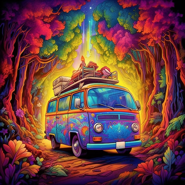 Foto campingwagen farbenfrohe fantasie-welt hippie-wagen-kunst