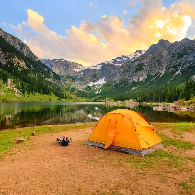 Campingzelt auf dem Campingplatz im Nationalpark Touristen campen im Wald am Ufer des Sees