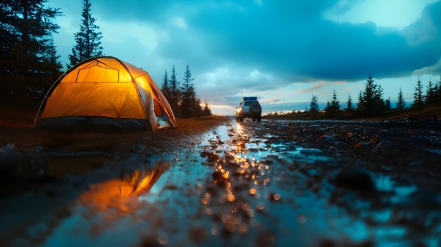 Campingzelt auf dem Feld in der Nähe von Auto Reisen Hohe Auflösung