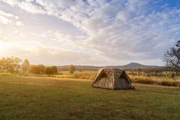 Campingzelt auf der grünen Wiese nahe Wald während des dramatischen Sonnenaufgangs am nebligen Sommermorgen, Konzept des Campingabenteuers im Freien