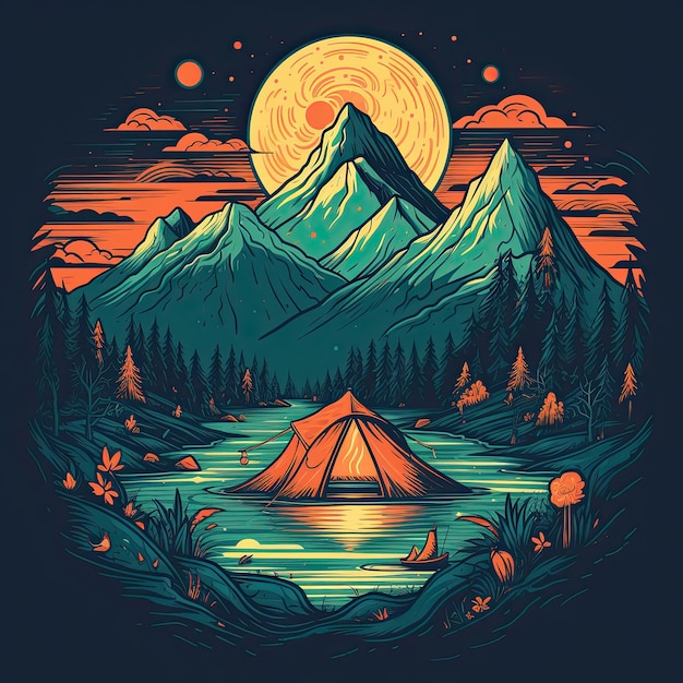 Campingzelt in den Bergen Vektor handgezeichnete Illustration T-Shirt-Druckdesign