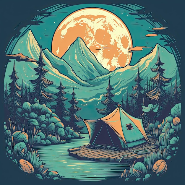 Campingzelt in den Bergen Vektor handgezeichnete Illustration T-Shirt-Druckdesign