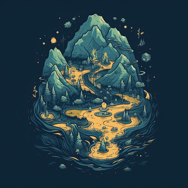 Campingzelt in den Bergen Vektor handgezeichnete Illustration T-Shirt-Druckdesign