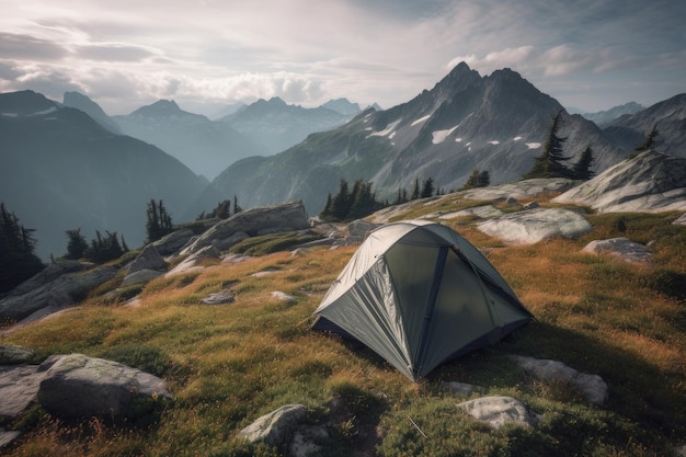 Campingzelt mit herrlichem Blick auf die Berglandschaft bei Sonnenuntergang. Generative KI