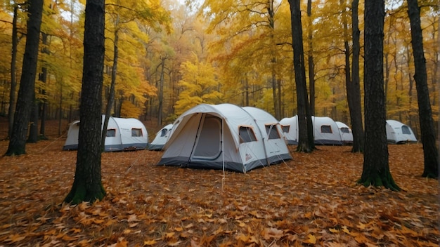 Campingzelte im nebligen Herbstwald