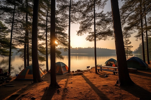 Foto campingzelte unter kiefern mit sonnenlicht am pang-ung-see