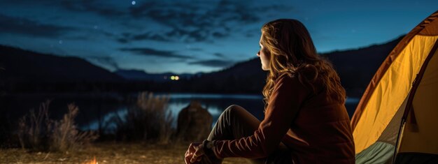 Foto campista feminina olha para o céu noturno e estrelas ao lado de sua tenda na natureza