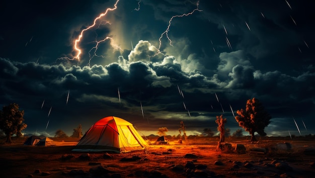 Los campistas descansan en la tienda por la noche Dramático paisaje nublado relámpago y lluvia sobre el campamento IA generativa