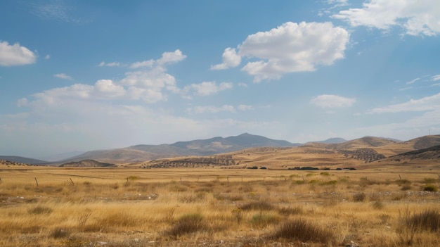 Campo aberto com montanhas ao fundo