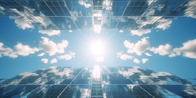 Campo abstrato de painéis solares que se estende além do horizonte sol e céu azul geração de energia geométrica AI fundo generativo
