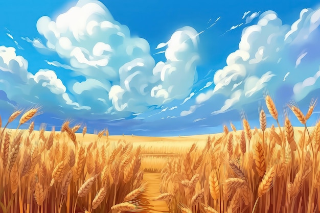 Campo agrícola amarillo con trigo maduro y cielo azul con nubes encima