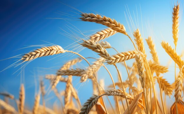 Campo agrícola amarillo con trigo maduro contra el cielo azul espigas de trigo primer plano