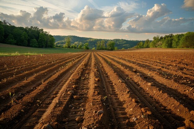 Campo agrícola arado con cosechas jóvenes bajo un cielo nublado