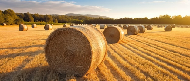 Campo agrícola com fardos de feno ao pôr do sol