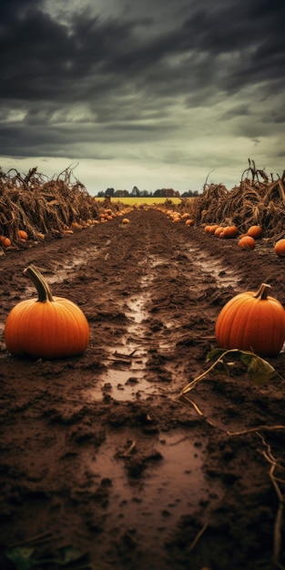 Campo agrícola de abóbora orgânico não OGM em um outono, clima chuvoso e frio