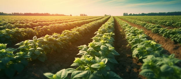 Campo agrícola con hileras uniformes en primavera IA generativa