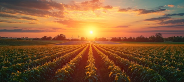 Campo agrícola iluminado por la hermosa puesta de sol incluso filas de cultivos agrícolas que se extienden