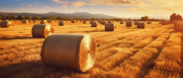 Campo agrícola con pacas de heno al atardecer