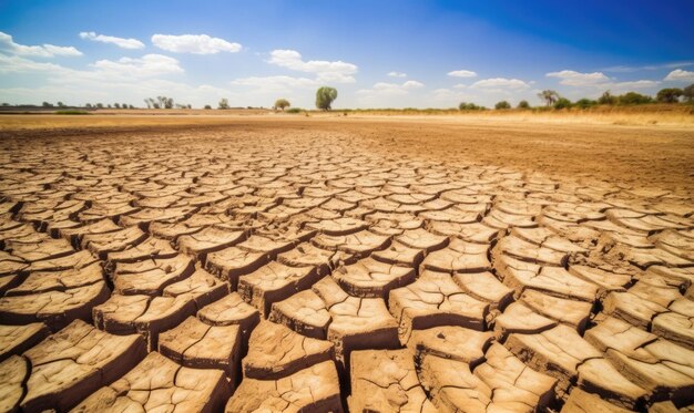 Campo agrícola seco e rachado devido à seca, falta de IA geradora de água