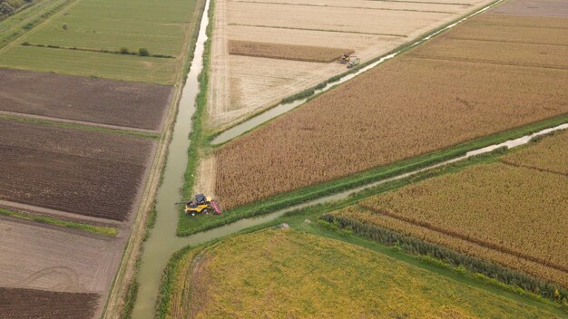 Campo agrícola con tractores al atardecer.