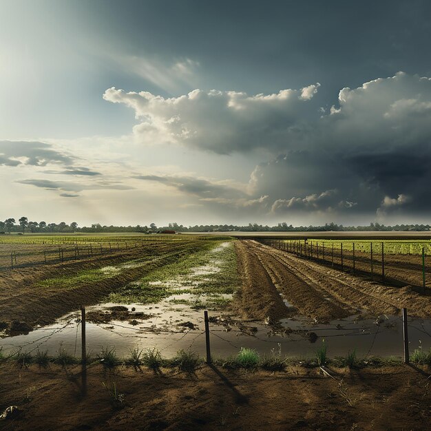 el campo de los agricultores bajo un cielo lluvioso