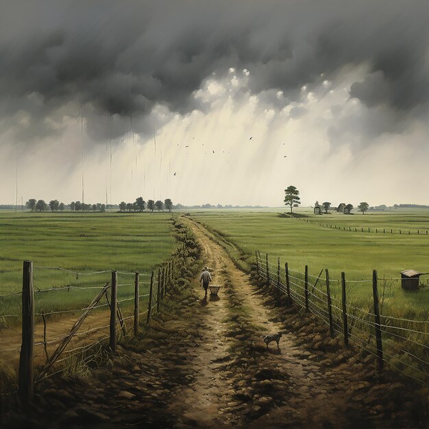 el campo de los agricultores bajo un cielo lluvioso