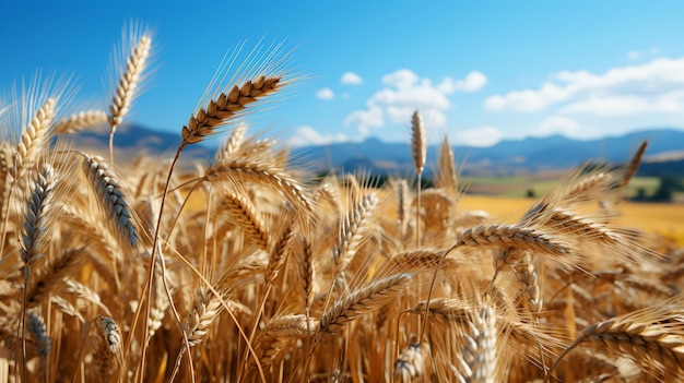 Campo de agricultura amarillo con trigo maduro y cielo azul con nubes sobre él