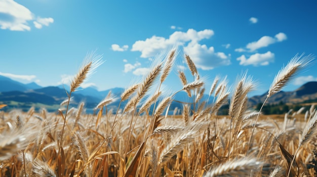 Campo de agricultura amarillo con trigo maduro y cielo azul con nubes sobre él