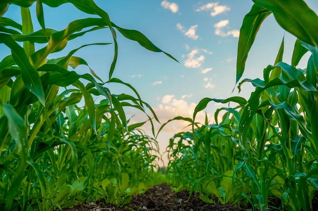 Campo de agricultura de sorgo verde con fondo de cielo.