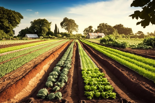 Campo de agricultura vegetal mixta con jardines en un día soleado de verano creado con ai generativo