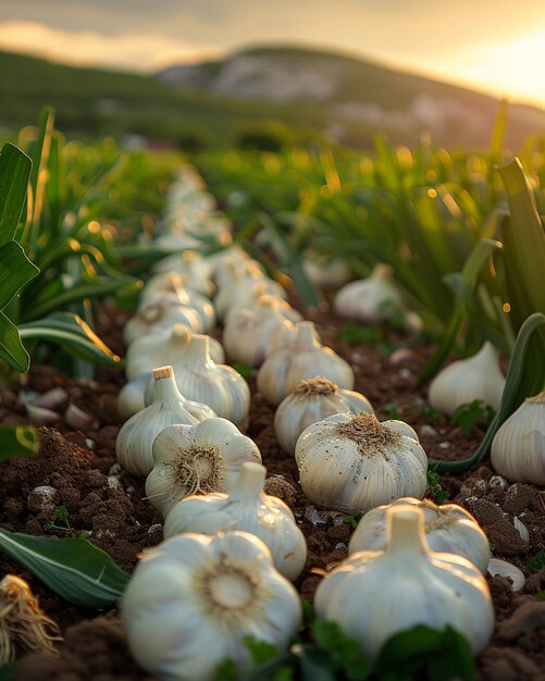 Foto un campo de ajo orgánico en el fondo