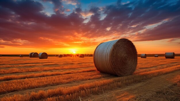 El campo al anochecer con balas de paja