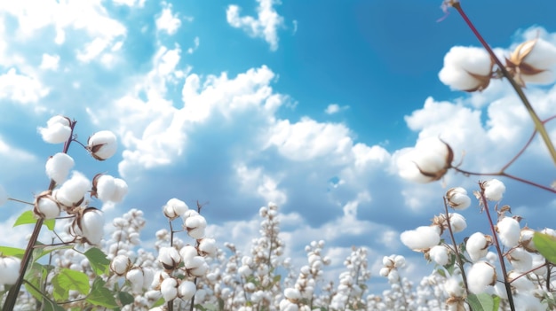 Campo de algodón con cielo azul y nubes blancas Fondo natural