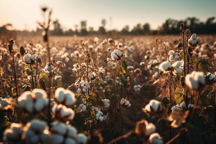 Campo de algodón en un día soleado en la noche antes del atardecer Ai generativo