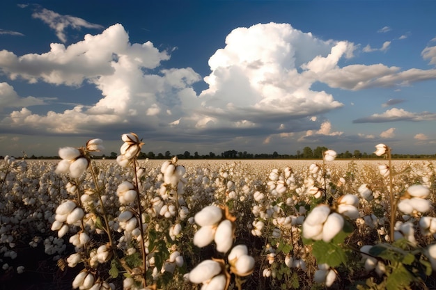 Campo de algodón expansivo con cápsulas blancas esponjosas listas para la cosecha IA generativa