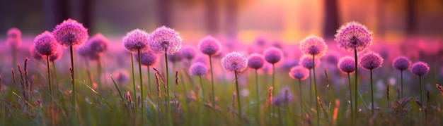 Campo de Alliums en banner de fondo de amanecer borroso para IA generativa web