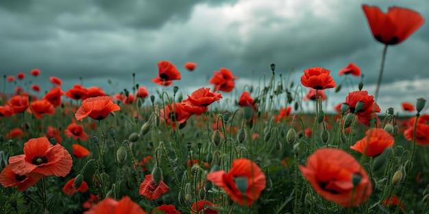 Campo de amapola roja con cielo nublado y tormentoso Papel de pared del Día de la Memoria