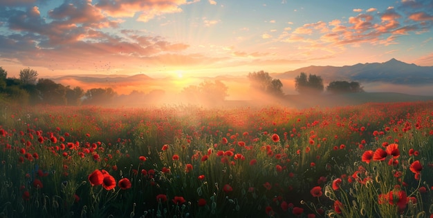 Campo de amapolas al amanecer hermoso paisaje de verano con flores rojas en el prado