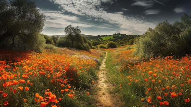 Un campo de amapolas al atardecer.