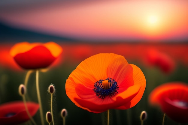 Un campo de amapolas con un atardecer de fondo