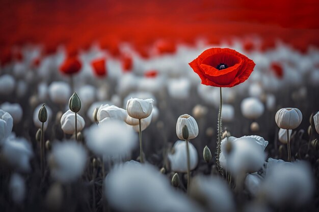 Un campo con amapolas blancas y una flor roja IA generativa