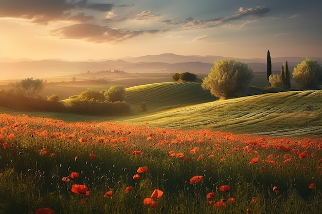 Un campo de amapolas en un campo con una colina al fondo