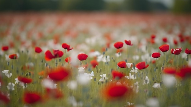 Un campo de amapolas en un campo de flores blancas y rojas.