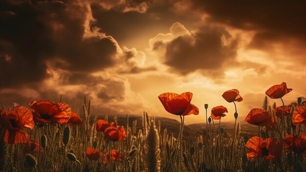 Un campo de amapolas con un cielo nublado al fondo.